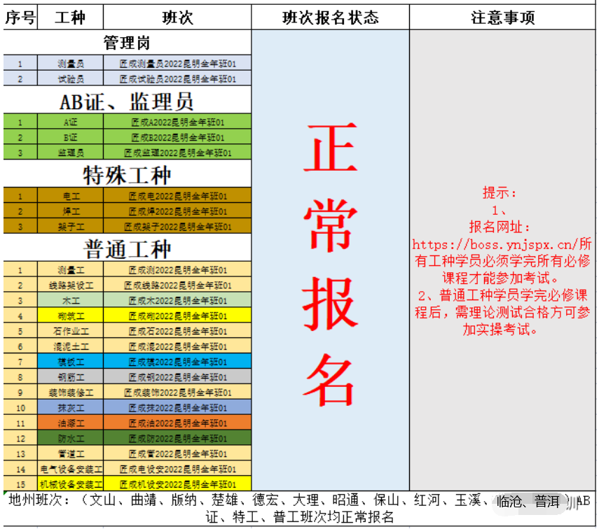 2022年云南省建设领域企业主要负责人、项目负责人、特殊工种、测量员、试验员、监理员、普通工种考试报名通知
